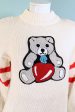 Vintage White Sweater Bear Heart Patch, Acrylic Novelty Pullover Sweater Hot on Sale