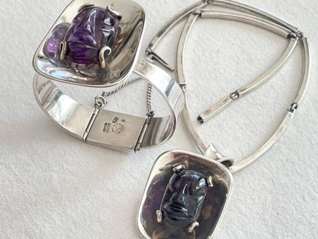 Vintage Los Castillo MCM Sterling Silver Necklace Bracelet Set, Carved Amethyst Tribal Stone For Discount