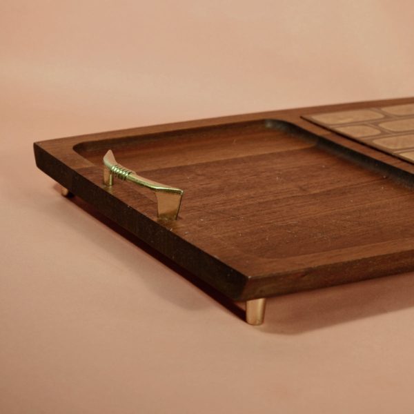 Vintage Georges Briard Wood Serving Tray, Ceramic Tile Metal Handles, Danish Modern Platter Online