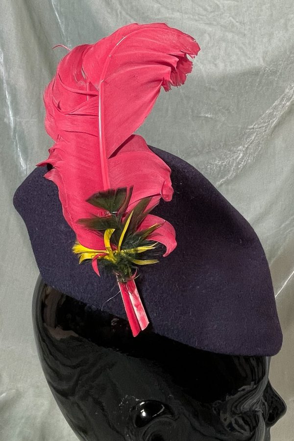 Vintage 40s Navy Wool Felt + Red Feather Tilt Hat S Hot on Sale