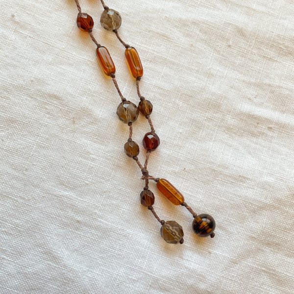 Vintage 90s Handmade Glass Crystal Bead Necklace, Hand Knotted Lariat Minimalist Necklace Fashion