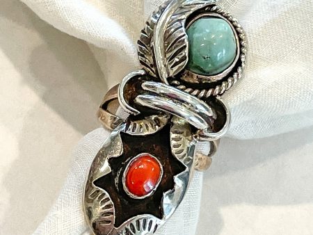 Vintage Navajo Native American Ring, Silver Turquoise Coral Signed JT Online now