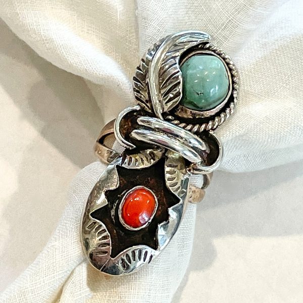 Vintage Navajo Native American Ring, Silver Turquoise Coral Signed JT Online now