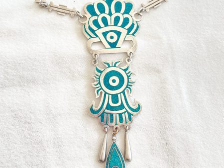 Vintage Taxco Sterling Silver Turquoise Mayan Pendant Statement Necklace For Cheap