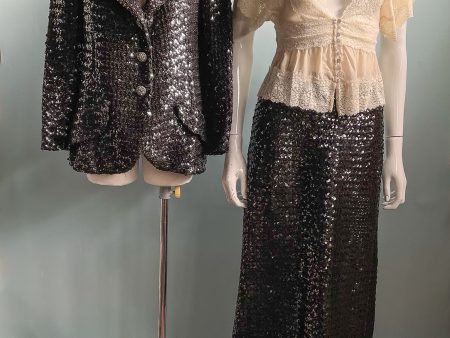 Vintage 60s Black Sequin Jacket Skirt 2 Piece Suit, Eveningwear Party Separates Suit Online Sale