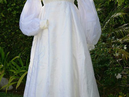 SOLD Vintage 60s White Lace Wedding Gown, Juliette Sleeve Long Detachable Train,Empire Waist XS S Hot on Sale