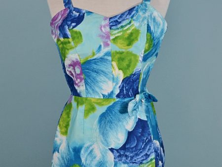 Vintage 50s Jay Hart Blue Floral One Piece Swimwear Romper 27  Waist Hot on Sale