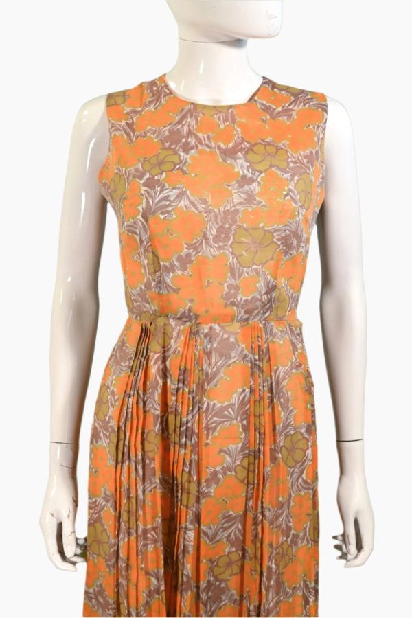 Vintage 60s Semi Sheer Orange Floral Print Dress, S 26  Waist Online now