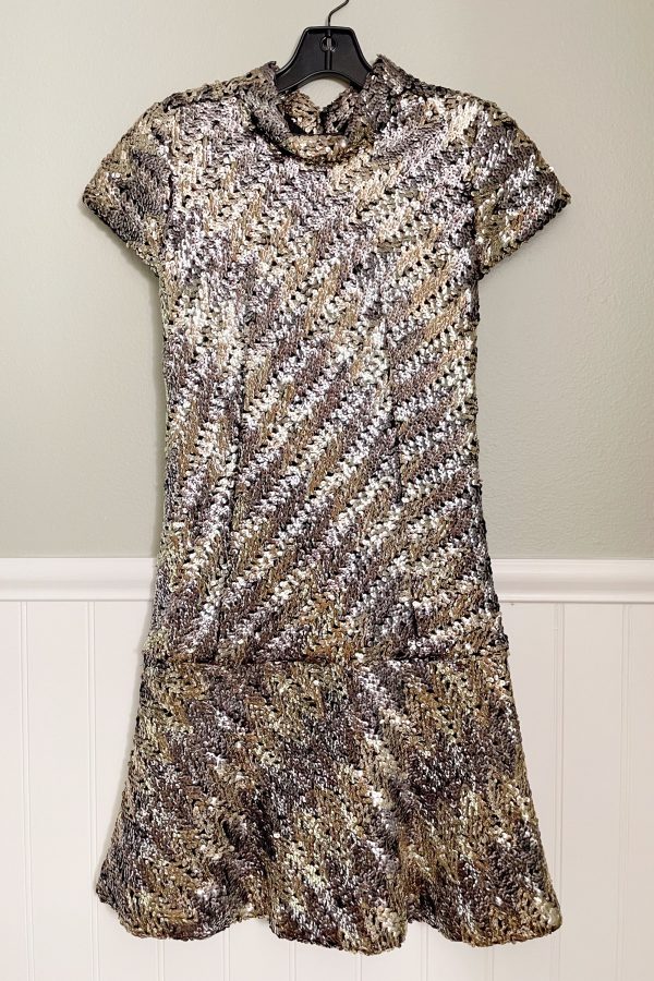 Pat Sandler 60s Mod Sequin Mini Dress, Silver Gold Very Sparkly Party Dress S Hot on Sale