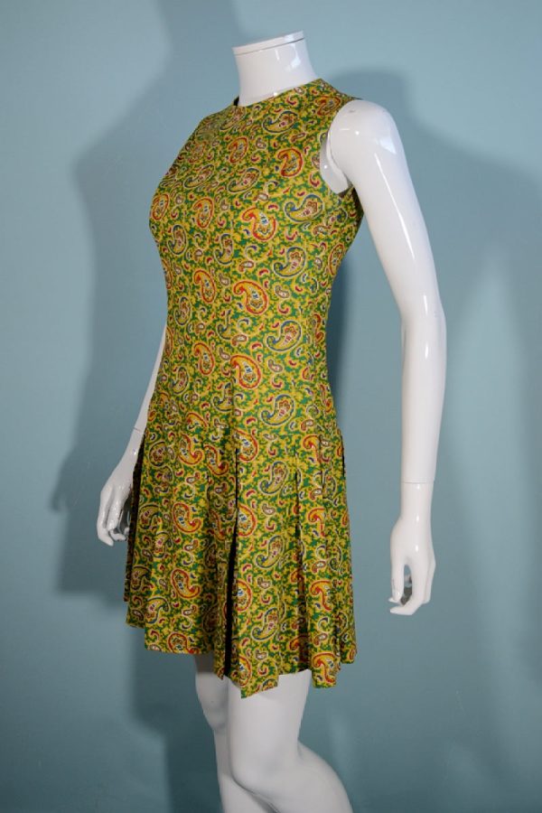 Vintage 1960s Mod Paisley Mini Dress Sleeveless Pleated Skirt Hot on Sale