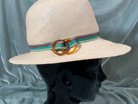 Vintage 70s Straw Hat with Ribbon Accent Band & Tortoise Buckle S For Discount