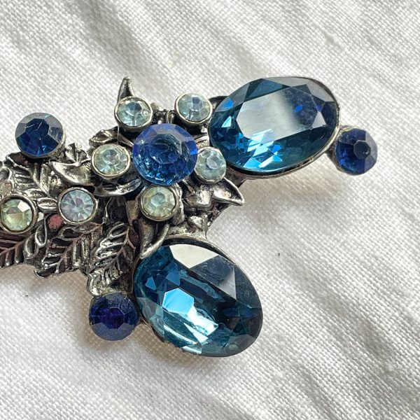 Vintage 40s Blue Rhinestone Crystal Brooch, Pot Metal Floral Brooch Hot on Sale