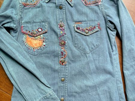 Vintage 60s 70s Embroidered Patchwork Hippie Denim, Shirt by Landlubber, Unisex Supply