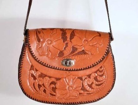 Vintage Hand Tooled Leather Handbag, Western Whip Stitched Purse Fashion