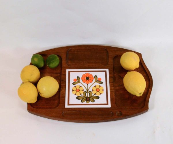 Vintage 70s Wood Tray Tile Center Piece, Mid Century Serving Platter Fashion