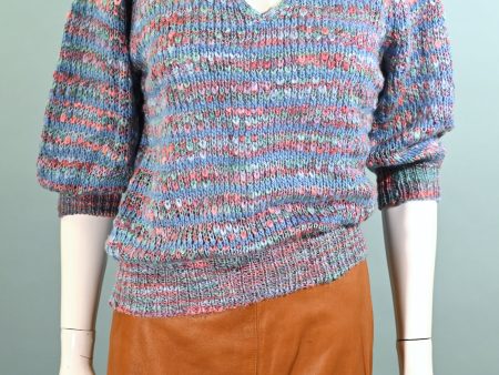 Vintage 70s Blue Variegated Knit Pullover Sweater Top, Puff Sleeves M For Sale