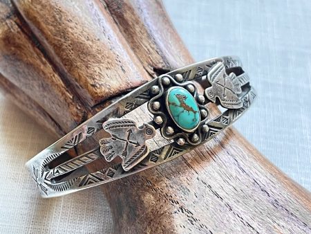 Vintage Fred Harvey Era Sterling Turquoise Thunderbird Bracelet, Small Wrist Online