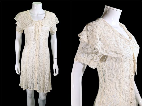 90s Sheer Lace Dress, Cream Cottagecore Grunge Dress M Sale