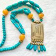 Vintage Faux Turquoise Pendant Necklace, Wood Beaded Boho Necklace For Sale