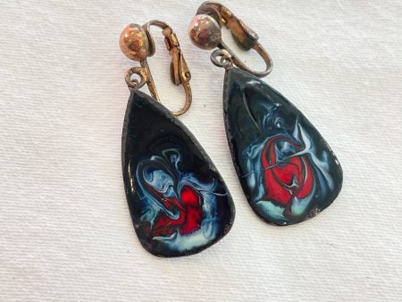 Vintage Copper Enamel Drop Earrings, OOAK Hand Crafted Clip Back Earrings on Sale