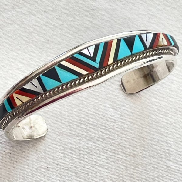 R L Yuselew Zuni Sterling Silver Cuff Bracelet, Onyx Coral Turquoise Bracelet 23.8 G Online Sale