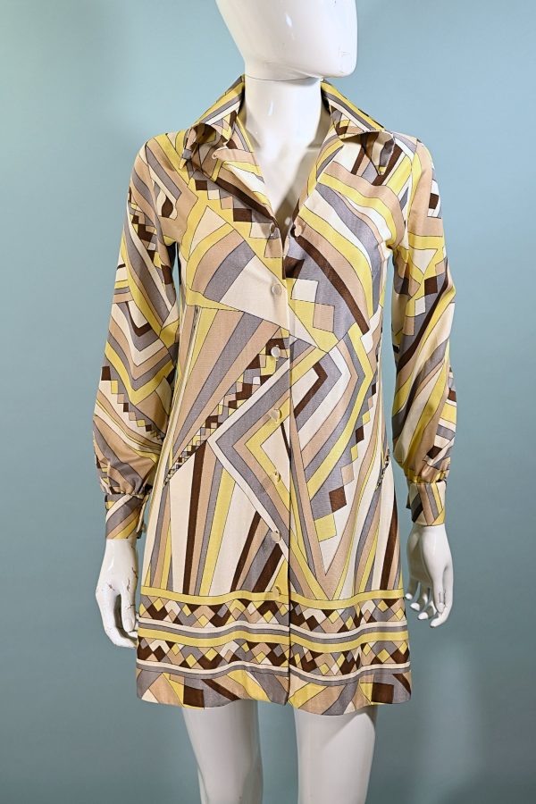 Vintage 60s Geometric Pattern Mini Dress, Large Pointed Collar XS S Sale