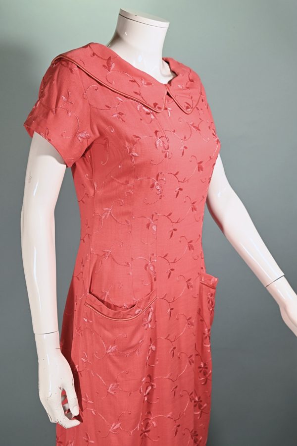 Vintage 50s Embroidered Coral Linen Dress, Peter Pan Collar Day Dress M Online Hot Sale