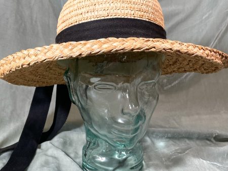 Vintage 90s Straw Sun Hat w Long Ribbon Banding, School Girl Style by Cherokee M For Discount