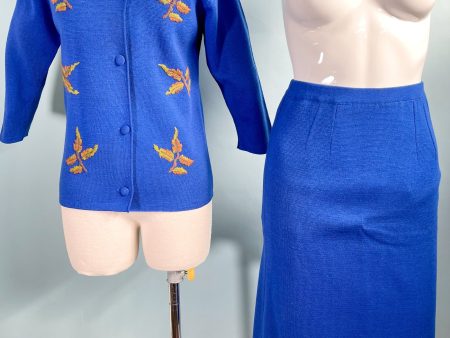 Vintage 60s Royal Blue Wool Knit Suit, Embroidered Jacket Wiggle Skirt, Jacelon of Calif, XS S For Discount