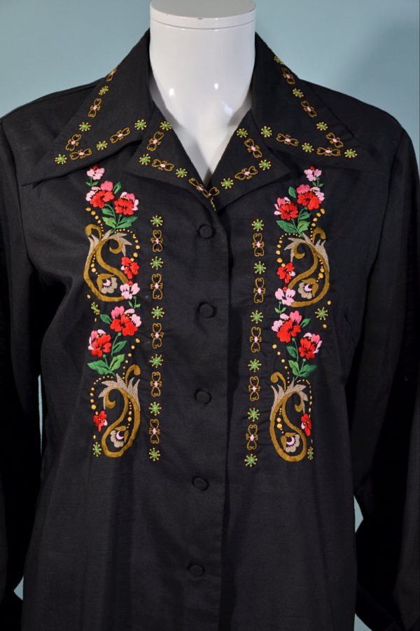 Vintage 60s Black Hand Embroidered Boho Blouse, Lily Shanghai China SZ 40 Supply