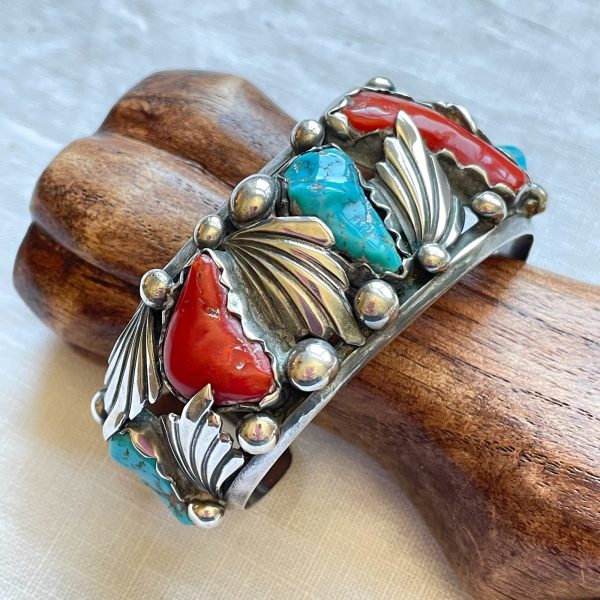 Dan Simplicio Vintage Sterling Turquoise Coral Statement Cuff Bracelet Hot on Sale