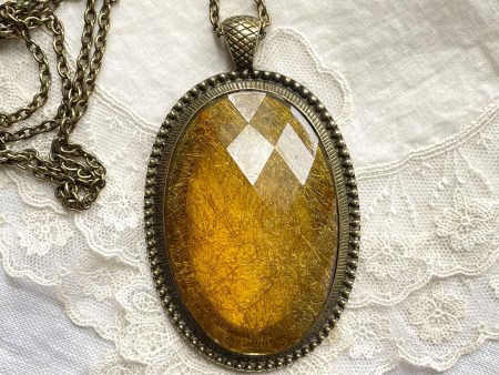 Vintage 60s 70s Large Golden Glass Pendant Necklace, Spun Glass Faceted Pendant Necklace Online