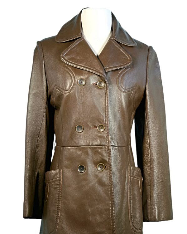 Vintage 60s Brown Leather Double Breasted Coat, Mod Hippie Leather Trench Coat S Discount