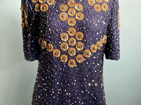 Vintage Laurence Kazar Blue Gold Beaded Sequin Party Top M Supply