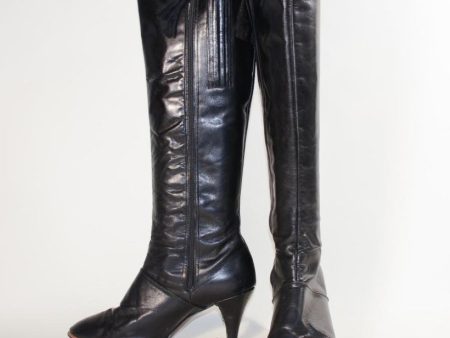 70s Black Leather Boots, Tall High Heel Boot Cobbie 9M Supply