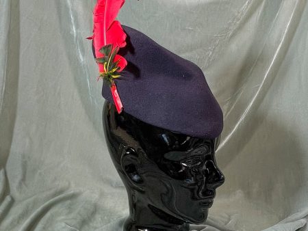 Vintage 40s Navy Wool Felt + Red Feather Tilt Hat S Hot on Sale