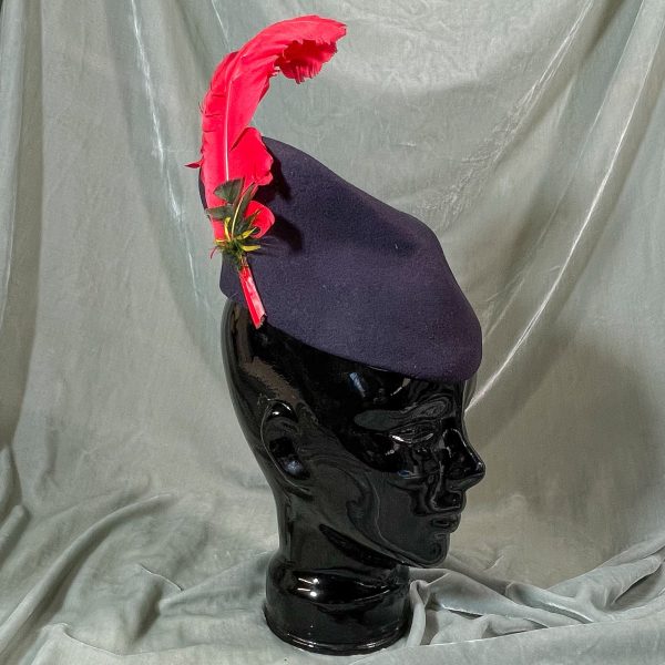 Vintage 40s Navy Wool Felt + Red Feather Tilt Hat S Hot on Sale