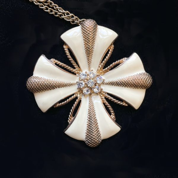 Vintage Enamel Flower + Rhinestone Pendant Necklace, Gold Tone Hippie Necklace Online