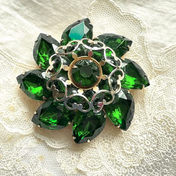 Vintage Emerald Green Domed Pear Shaped Rhinestone Brooch, Heart Details Hot on Sale