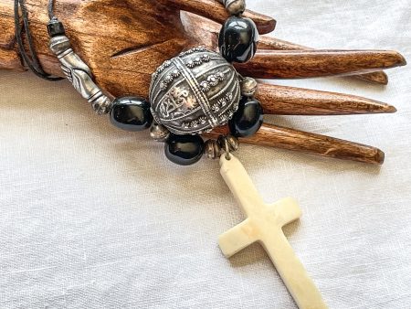 Vintage Ethnic Bohemian Pendant Cross Necklace, Clasping Hands Friendship For Sale