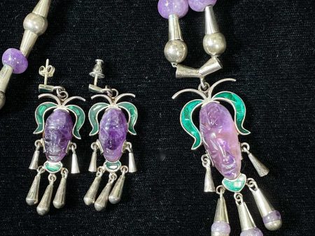 Vintage Sterling Silver Pendant Necklace Earring Set, 925 Silver Amethyst Malachite Carved Stone Mayan Aztec Face Taxco Mexico, 3 Piece Set Discount