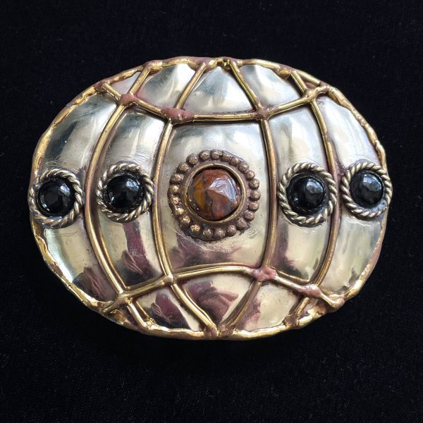 Vintage Brutalist Modernist Abstract Belt Buckle, Mixed Metals & Stones, Unworn Deadstock Made in India Hot on Sale