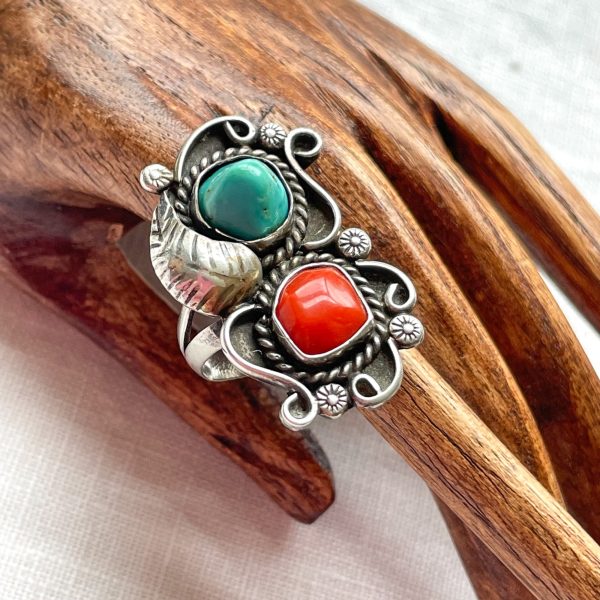 Vintage Native American Navajo Ring, Silver Turquoise Coral SZ 7 on Sale