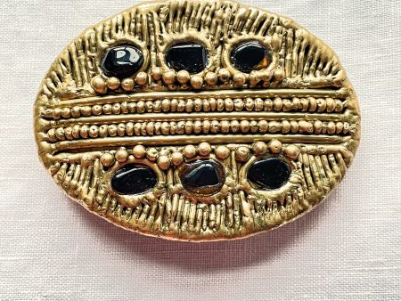 Vintage 70s Brutalist Belt Buckle, Abstract Modernist Brass Buckle w Stones Online Hot Sale