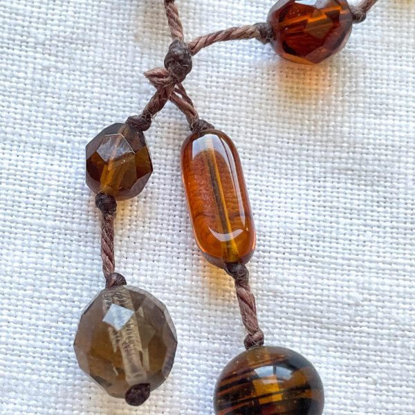 Vintage 90s Handmade Glass Crystal Bead Necklace, Hand Knotted Lariat Minimalist Necklace Fashion