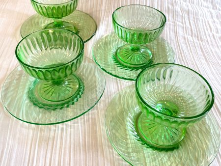 Vintage Green Depression Glass Sherbet Bowls + Plates  8 Pieces, Mismatched Set Discount