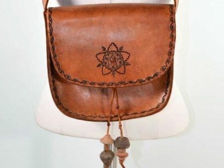 Vintage Hand Tooled Leather Handbag + Ceramic Beads, Boho Shoulder Bag Online