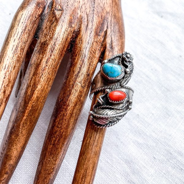 Vintage Navajo Silver Turquoise Coral Ring, Native American Ring Signed G.. For Sale