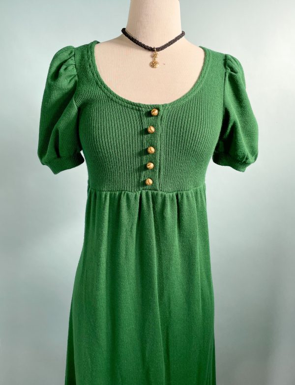 Vintage 60s Kelly Green Knit Maxi Dress, Puff Sleeve Mod Dress XS S Hot on Sale