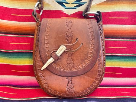 Vintage Tooled Leather Southwestern Shoulder Bag w Horn Closure, 60s 70s Hippie Bag Cheap